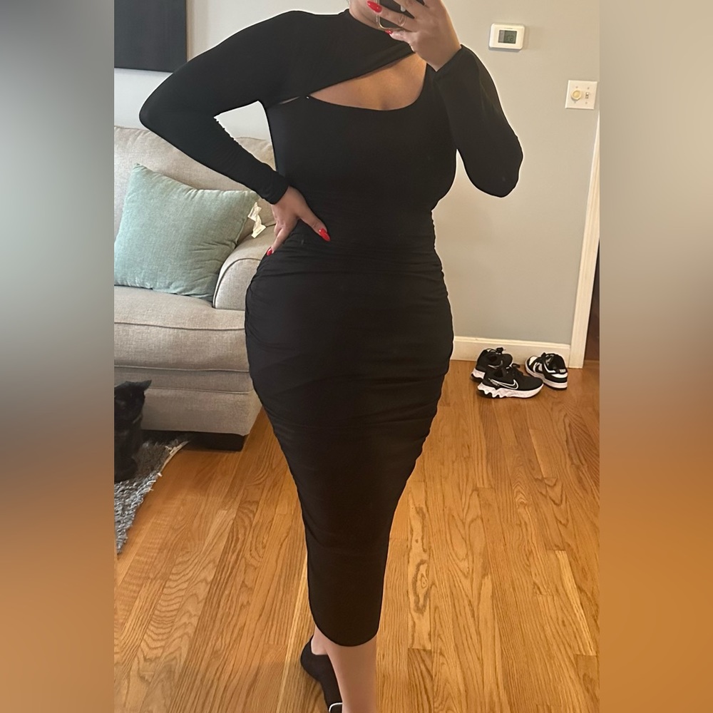 Black long sleeve midi dress with cutout